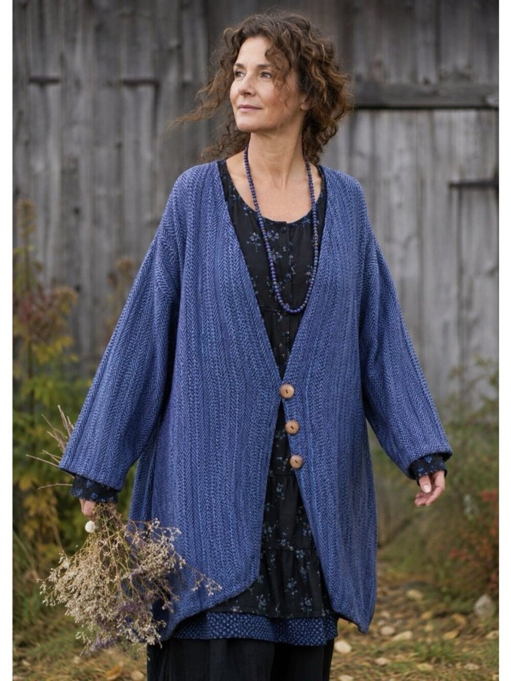 The Ewe Tree Womens Cardigan XL Blue Black Herringbone Handwoven Cotton Artisan